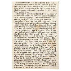 1865 Abraham Lincoln Death Premonition Assassination Article Clipping Civil War